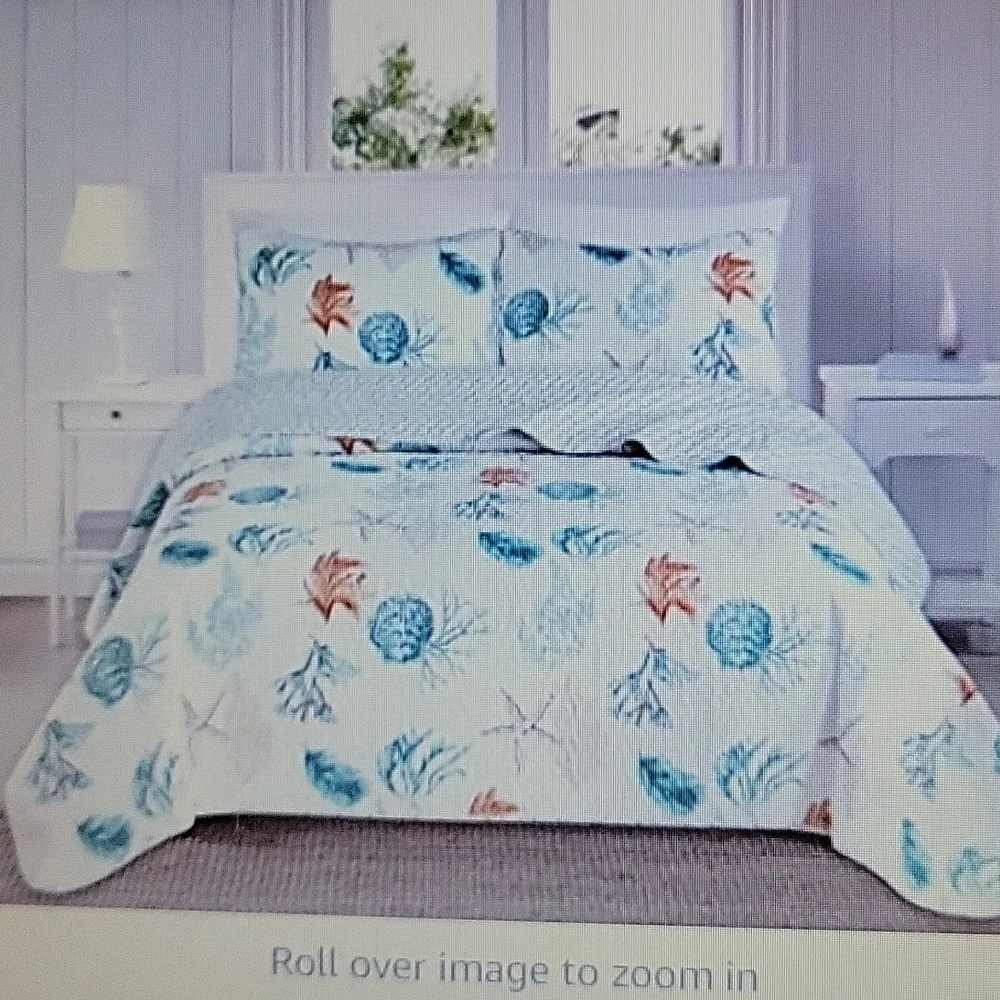 Great Bay Home Key West Quilt Set aqua white background shells starfish F/Q New…